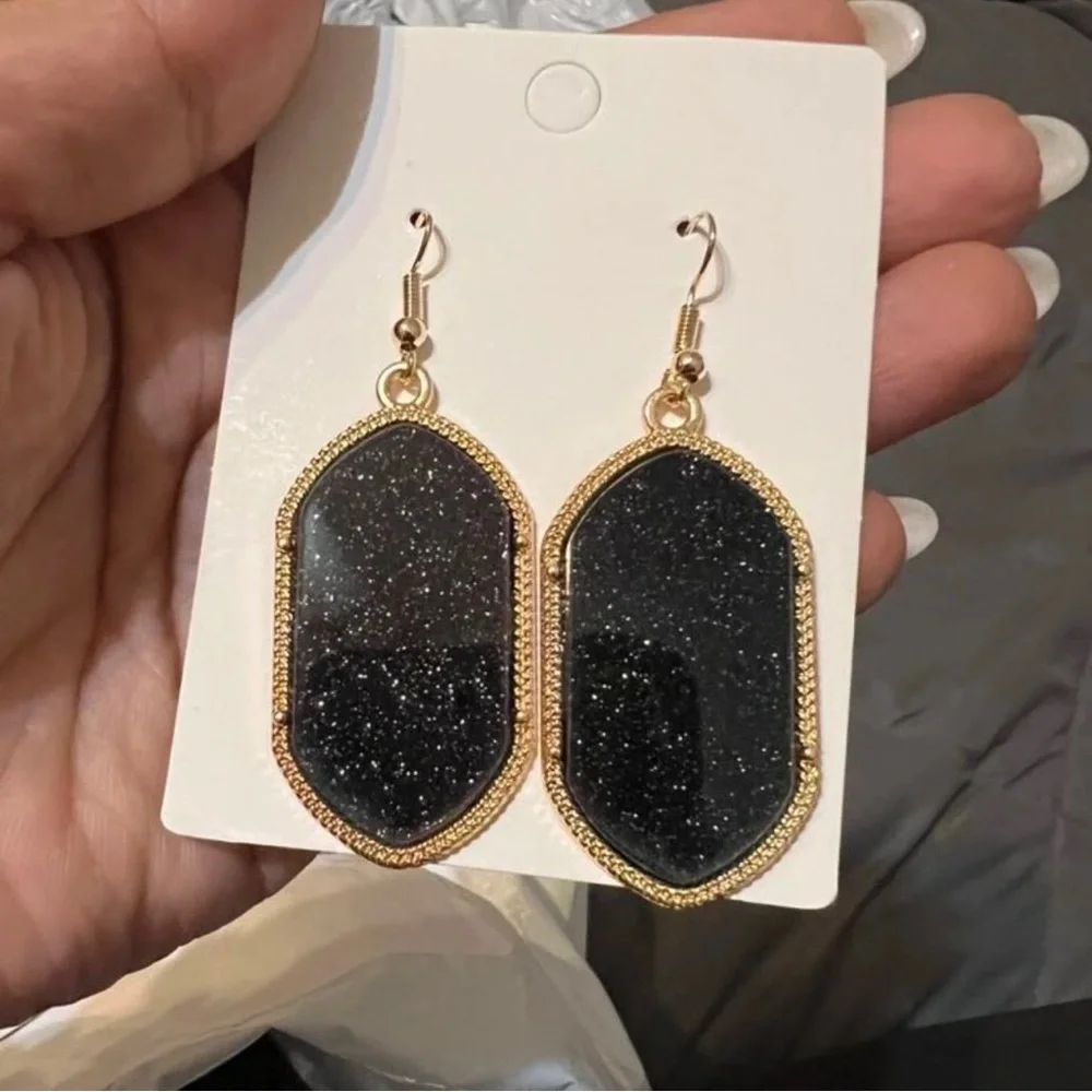 Black Shimmer Oval Drop Earrings | Gold Tone Textured Statement Earrings